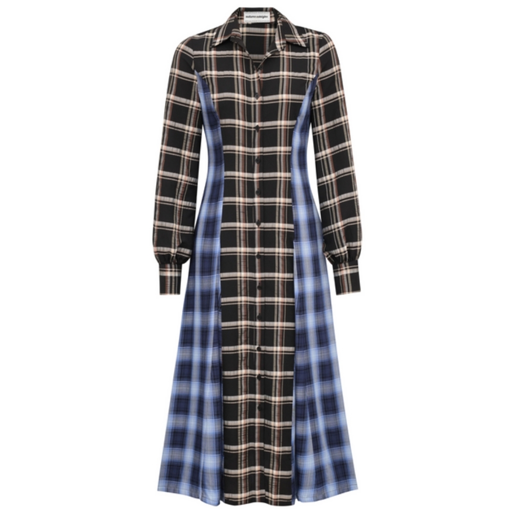 Autumn Adeigbo Carson dress black blue brown white plaid women's size 10 - Picture 2 of 9